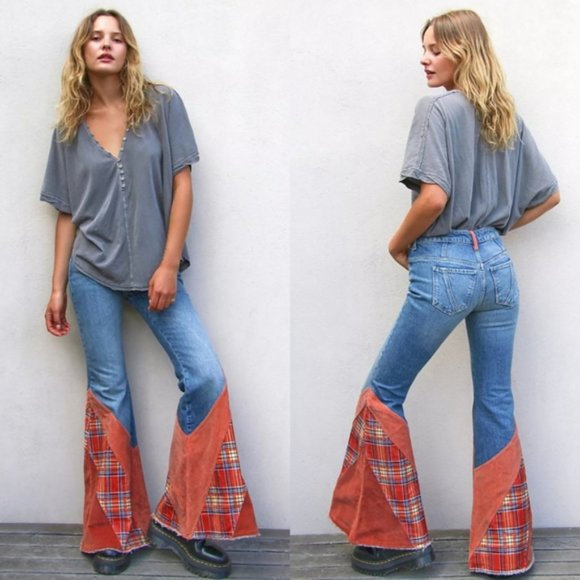 Women's Blue and Orange Flare Jeans - Picture 1 of 5